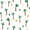 Coconut palm seamless pattern in doodle style. Hand drawn rainforest tree wallpaper