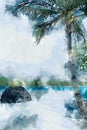 Coconut palm tree on the beach, blue shade image,  digital watercolor painting Royalty Free Stock Photo