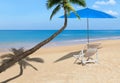 Coconut palm tree with white wooden beach chair and blue parasol on tropical beach Royalty Free Stock Photo