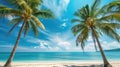 Coconut palm trees against a blue sky frame a beautiful beach, an idyllic tropical scene, Ai Generated Royalty Free Stock Photo