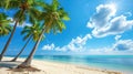 Coconut palm trees against a blue sky frame a beautiful beach, an idyllic tropical scene, Ai Generated Royalty Free Stock Photo