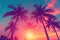 Coconut palm trees silhouetted against a spectacular sky, trees at sunset. The image is generated with the use of an AI.