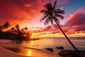 Coconut palm trees on tropical island beach at vivid colorful sunset Royalty Free Stock Photo