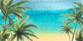 Coconut palms on the background of the sky and the sea. Watercolor illustration. A horizontal board made of a large set Royalty Free Stock Photo