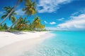 Coconut palms on a sunny tropical sandy beach and turquoise ocean. Royalty Free Stock Photo