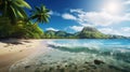 Coconut palms on a sunny tropical sandy beach and turquoise ocean. Amazing nature landscape. Royalty Free Stock Photo