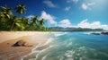 Coconut palms on a sunny tropical sandy beach and turquoise ocean. Amazing nature landscape. Royalty Free Stock Photo