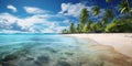 Coconut palms on a sunny tropical sandy beach and turquoise ocean. Amazing nature landscape. Royalty Free Stock Photo