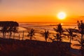 Coconut palms and sunrise at tropical beach with ocean waves Royalty Free Stock Photo