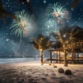 Coconut palms, wooden beach houses in the night sky, fireworks show. New Year\'s fun and festiv Royalty Free Stock Photo