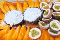 Coconut and papaya fruit served on a tray in Rarotonga Cook Islands Royalty Free Stock Photo