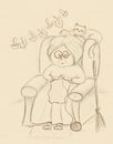 Drawing of a cute grandmother in a chair and a cat sleeping next to her Royalty Free Stock Photo