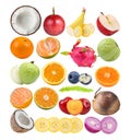 coconut Passion fruit orange orange tangerine guava banana apple onion coconut plum Sea grapes, bluberry on white Royalty Free Stock Photo