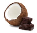 Coconut and pieces of chocolate isolated on white Royalty Free Stock Photo