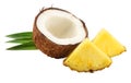 Coconut with pineapple and green leaves isolated on white background Royalty Free Stock Photo