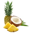 Coconut with pineapple and green leaves isolated on white background Royalty Free Stock Photo