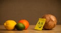 Coconut with post-it note looking at citrus fruits