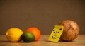 Coconut with post-it note smiling at citrus fruits