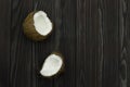 Coconut pulp fresh tropical brown white organic coconut milk on wooden black background