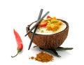 Coconut, rice and curry chicken isolated