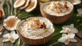 Coconut Rice Pudding in Natural Bowls with Tropical Flowers