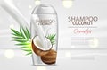 Coconut shampoo Vector realistic. Product packaging mock up. Tropic background coconut milk splash. 3d detailed