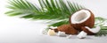 The coconut shell with fresh pieces and palm leaves on a light background. AI generated image Royalty Free Stock Photo