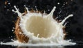 Coconut shell splashing milk against a dark background. The scene captures the dynamic motion of liquid and the texture Royalty Free Stock Photo