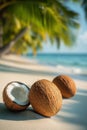 Coconut shells on a sandy beach under palm trees with a clear blue ocean in the background during a sunny day Royalty Free Stock Photo