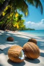 Coconut shells on a sandy beach under palm trees with a clear blue ocean in the background during a sunny day Royalty Free Stock Photo
