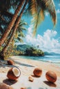 Coconut shells on a sandy beach under palm trees with a clear blue ocean in the background during a sunny day Royalty Free Stock Photo