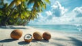 Coconut shells on a sandy beach under palm trees with a clear blue ocean in the background during a sunny day Royalty Free Stock Photo