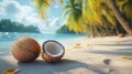 Coconut shells on a sandy beach under palm trees with a clear blue ocean in the background during a sunny day Royalty Free Stock Photo