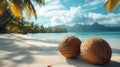 Coconut shells on a sandy beach under palm trees with a clear blue ocean in the background during a sunny day Royalty Free Stock Photo