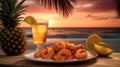 Coconut shrimp and paired fruity rum punch, featuring a serene beachside sunset background. Generative AI