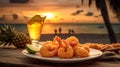 Coconut shrimp and paired fruity rum punch, featuring a serene beachside sunset background. Generative AI