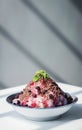 Coconut sorbet with raspberry sauce and chocolate