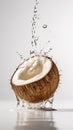 A coconut splashes into the water with the word coconut on it