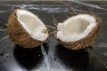 coconut split in half on a kitchen countertop Royalty Free Stock Photo