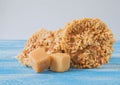 Coconut sugar , Cube sugar , Rice Crackers on Blue background. Royalty Free Stock Photo