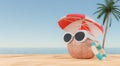 A coconut in sunglasses lies on the beach with a red and white umbrella against the sea.3d rendering Royalty Free Stock Photo