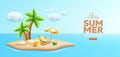 Coconut tree, beach umbrella, beach chair, pile of sand, on sand beach banner design background Royalty Free Stock Photo