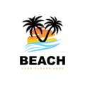 Coconut Tree Logo With Beach Atmosphere, Beach Plant Vector, Sunset View Design Royalty Free Stock Photo