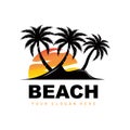 Coconut Tree Logo With Beach Atmosphere, Beach Plant Vector, Sunset View Design Royalty Free Stock Photo