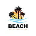 Coconut Tree Logo With Beach Atmosphere, Beach Plant Vector, Sunset View Design Royalty Free Stock Photo