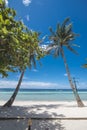 Coconut trees frame the beautiful sea and beachfront in Dumaluan Beach, Panglao, Bohol, Philippines Royalty Free Stock Photo