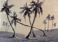Coconut trees watercolor painting sepia tone deco art