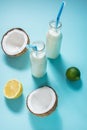 Coconut vegan milk coctail in bottle on blue background