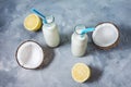 Coconut vegan milk coctail in bottle on concrete background