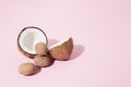 Coconut and walnuts on a pink background. Minimal concept. Copy space. Royalty Free Stock Photo